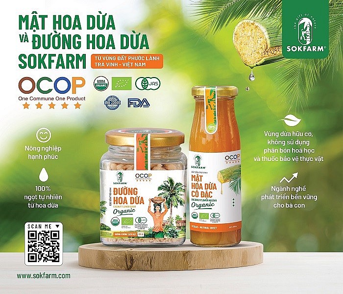 Mật hoa dừa và đường hoa dừa của Công ty TNHH Trà Vinh Farm (Sokfarm) đạt chuẩn OCOP 5 sao cấp Trung ương trong năm 2023