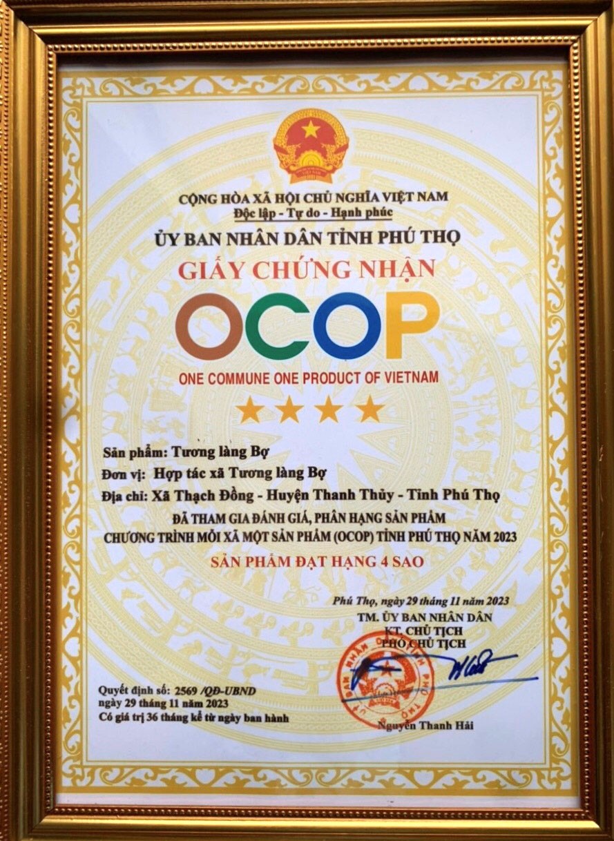 Tương làng Bợ được công nhận là sản phẩm công nghiệp nông thôn tiêu biểu của tỉnh Phú Thọ và được công nhận là sản phẩm OCOP 4 sao.