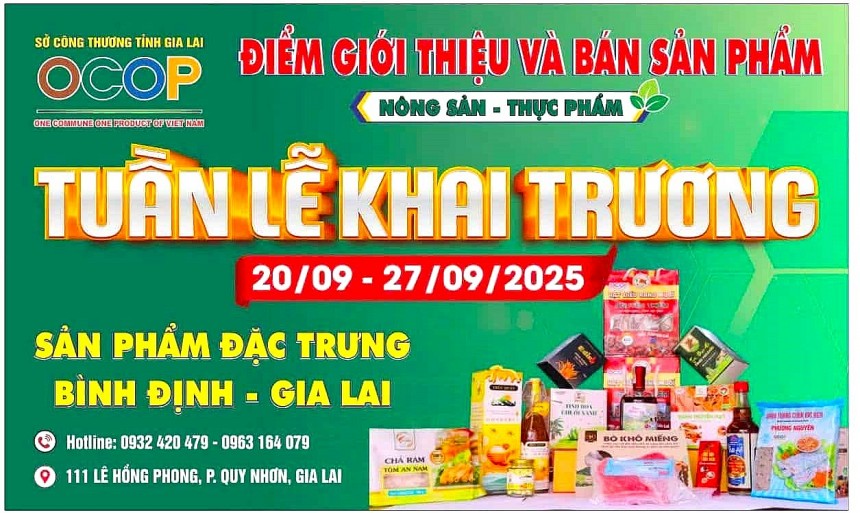 Các chủ thể OCOP tại tỉnh Gia Lai và Bình Định (cũ) cùng nhau tổ chức lễ khai trương cửa hàng, điểm giới thiệu, bán sản phẩm OCOP đặc trưng Bình Định – Gia Lai, tại địa chỉ 111 Lê Hồng Phong, Phường Quy Nhơn Các chủ thể OCOP tại tỉnh Gia Lai và Bình Định (cũ) cùng nhau tổ chức lễ khai trương cửa hàng, điểm giới thiệu, bán sản phẩm OCOP đặc trưng Bình Định – Gia Lai, tại địa chỉ 111 Lê Hồng Phong, Phường Quy Nhơn