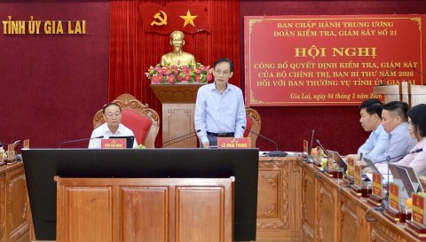 cong bo quyet dinh kiem tra giam sat cua bo chinh tri ban bi thu doi voi ban thuong vu tinh uy gia lai