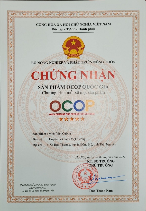 Chứng nhận OCOP 5 của sản phẩm miến dong Việt Cường