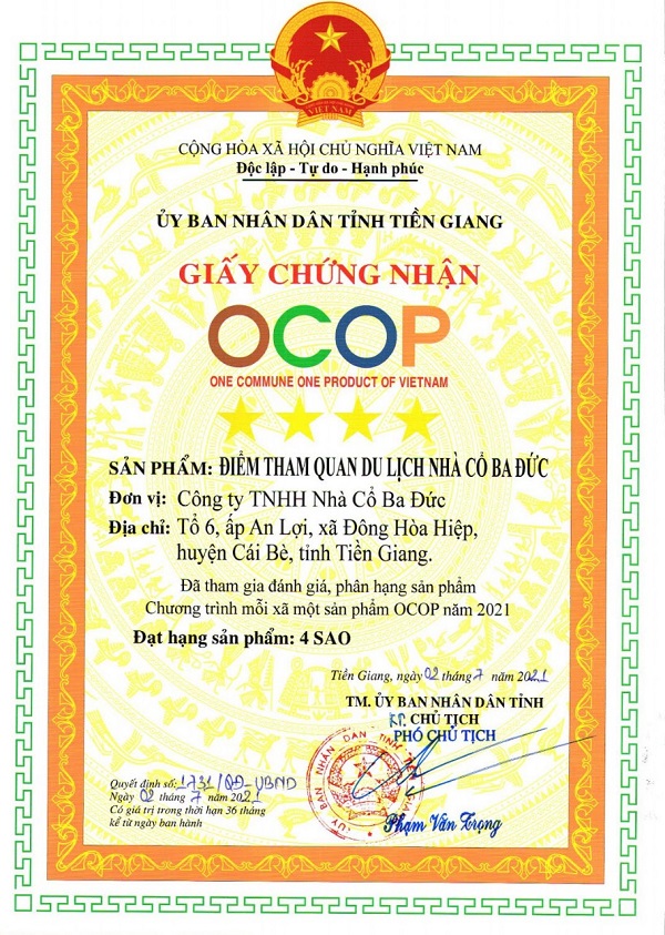 Năm 2021, UBND tỉnh Tiền Giang công nhận Điểm du lịch Nhà cổ Ba Đức đạt chuẩn OCOP 4 sao