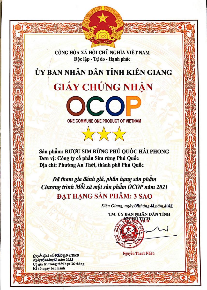 Rượu sim rừng Phú Quốc Hải Phong đạt đánh giá OCOP 3 và chứng nhận công nghiệp nông thôn tiêu biểu năm 2021