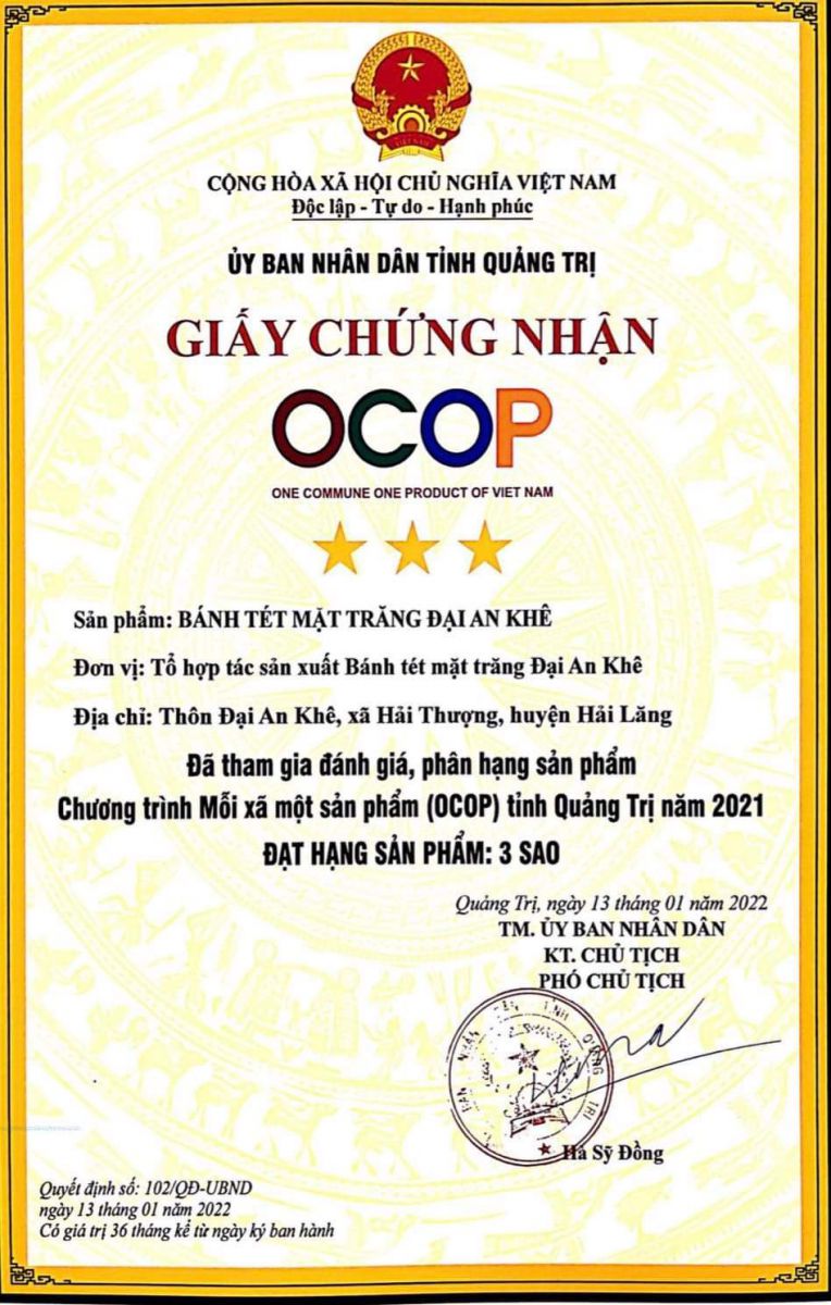 Sản phẩm bánh tét mặt trăng Đại An Khê đạt chứng nhận OCOP 3 sao cấp tỉnh Quảng Trị năm 2021