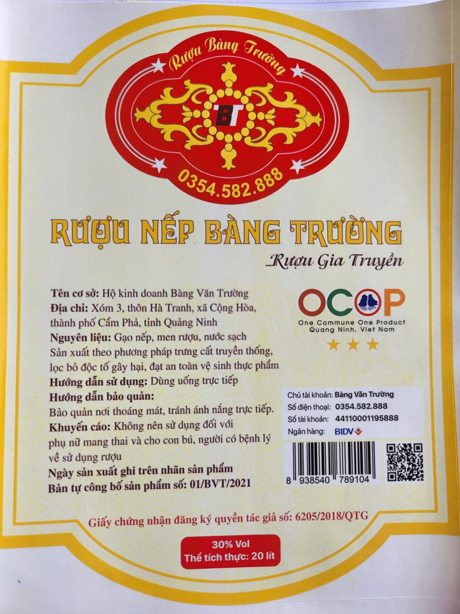 Chứng nhận sản phẩm OCOP 3 sao Quảng Ninh góp phần nâng tầm thương hiệu sản phẩm rượu nếp Bàng Trường
