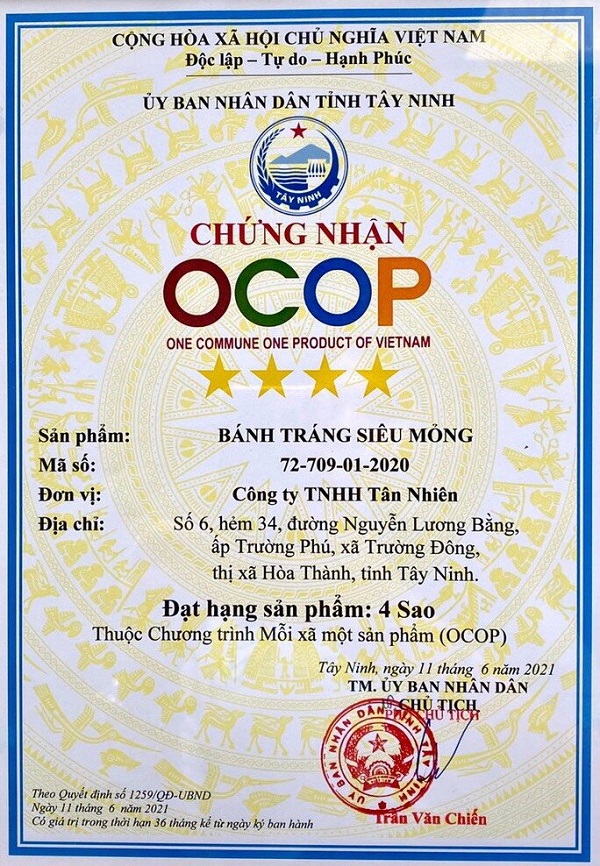 Sản phẩm bánh tráng siêu mỏng Tân Nhiên đạt chứng nhận OCOP 4 sao tỉnh Tây Ninh